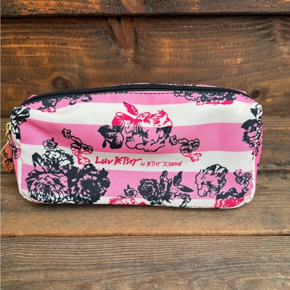 Betsey Johnson Handbags - Betsey Johnson Pink and Black Striped Floral Pouch